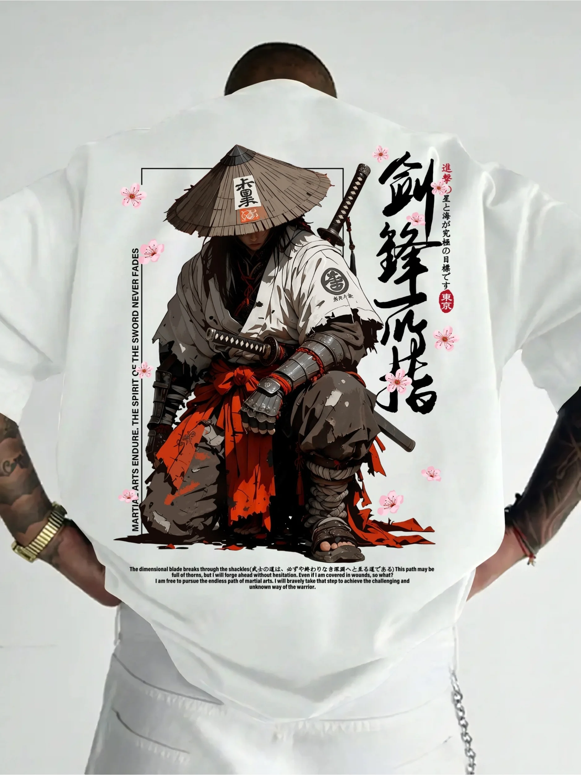 Ronin Samurai Sakura Kanji Back Print T Shirt Japanese Ukiyo-e Martial Arts Harajuku Unisex Oversized Graphic Short Sleeve Tee