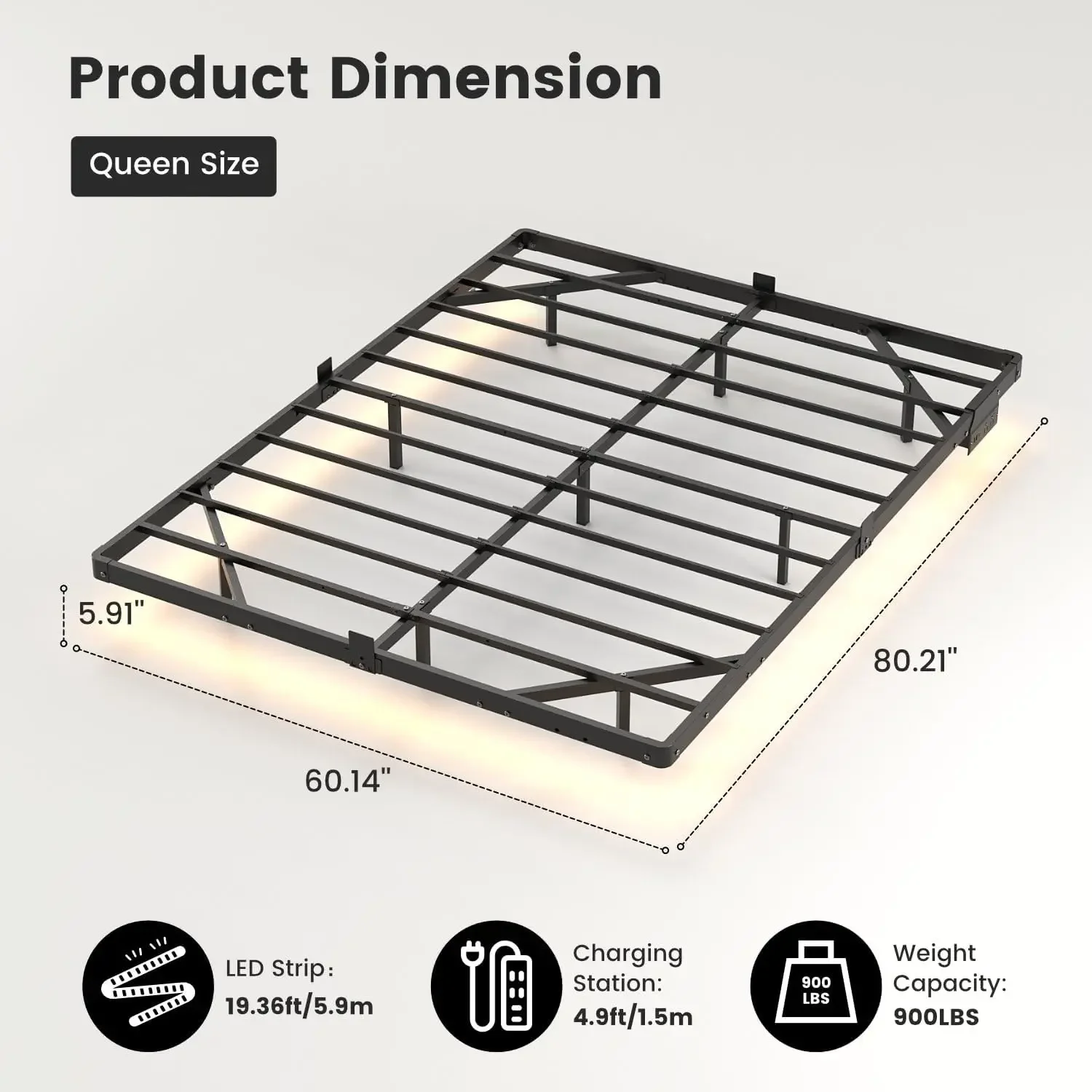 Queen Floating Bed Frame with Smart LED Lights, USB Charging Station | Sturdy Metal Platform Bed, Mattress Slide Stopper