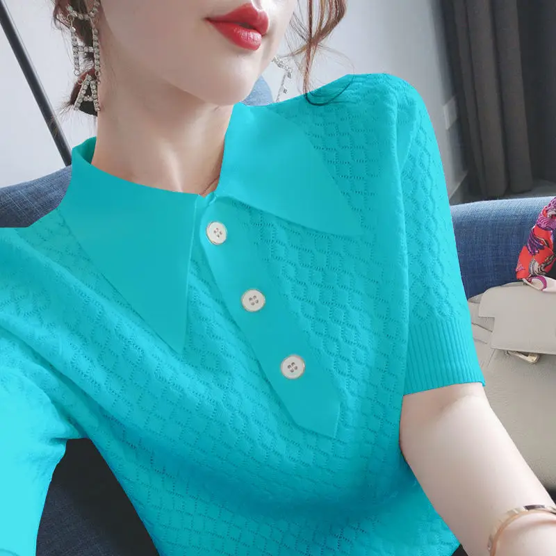 Women's summer knitted short sleeve T-shirt new loose large size base shirt student Korean POLO collar  tops