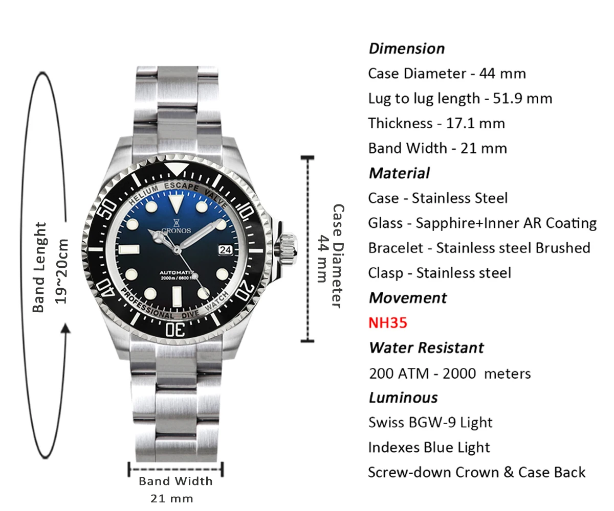 Cronos  L6009M Automatic Diving Man Watch Stainless Steel Bracelet 2000 Meters Water Resistance Professional Diver Men's Watches