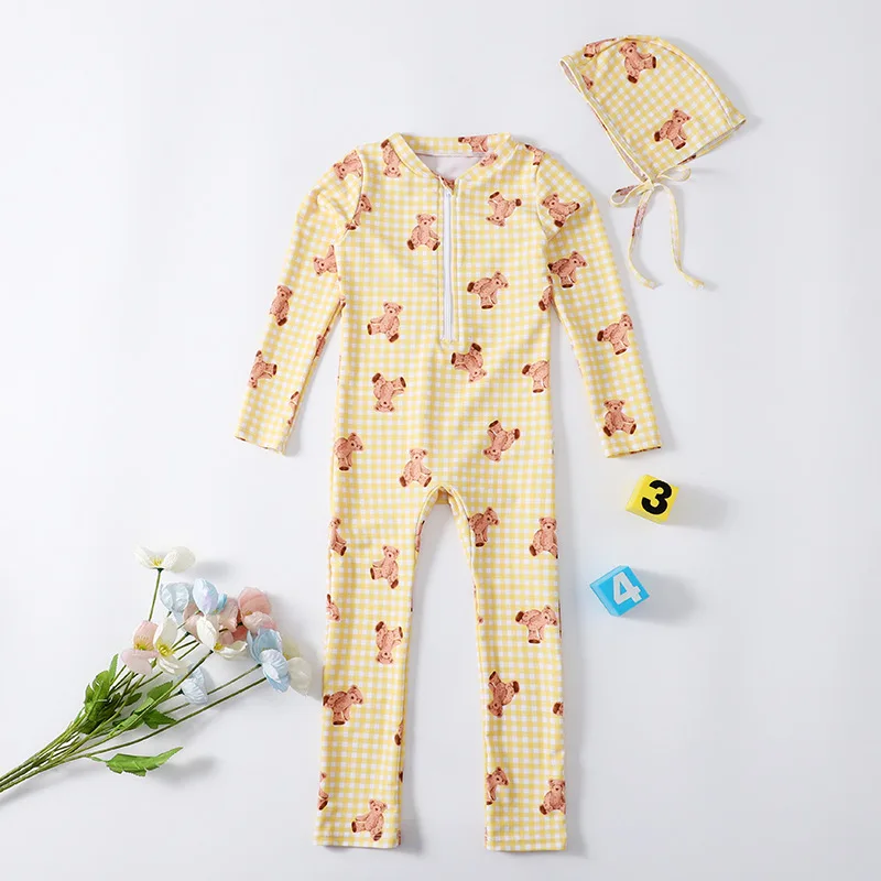 Kids Clothes Girls Swimwears Summer Cute Cartoon Bear Plaid Swimsuit with Hat 2023 New Korean Long Sleeve Children\'s Clothing