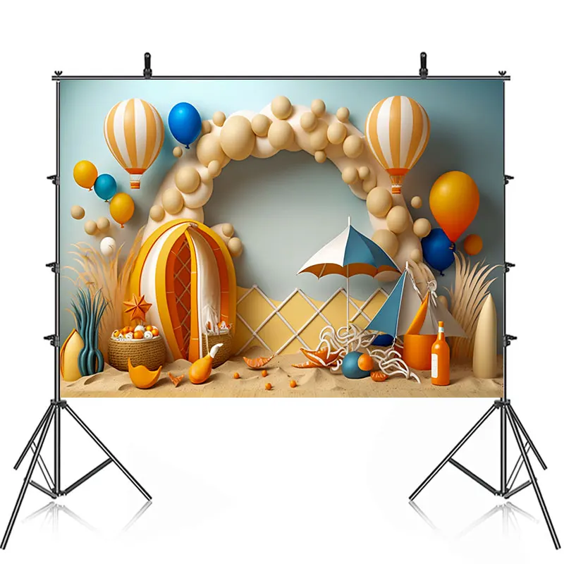 Summer Birthday Party Backdrop Kids Cake Smash Photography Air Balloons Surfing Beach Sea Backgrounds For Studio  Photos Shoots