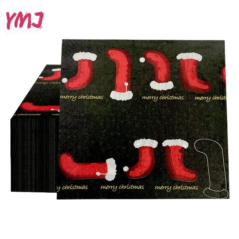 Christmas Series Party Decoration Paper Napkins Black Red Christmas Stocking Printed Paper Placemats Wine Glasses Flower Paper