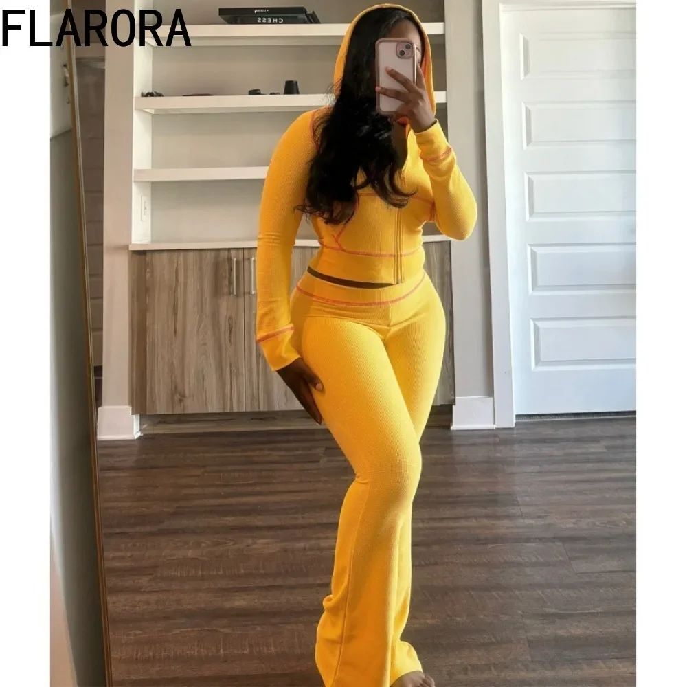 FLARORA Autumn Waffle Texture Striped Women's Two Piece Sets Casual Solid Long Sleeve Hoodies And Flared Pants Set Sweatsuits