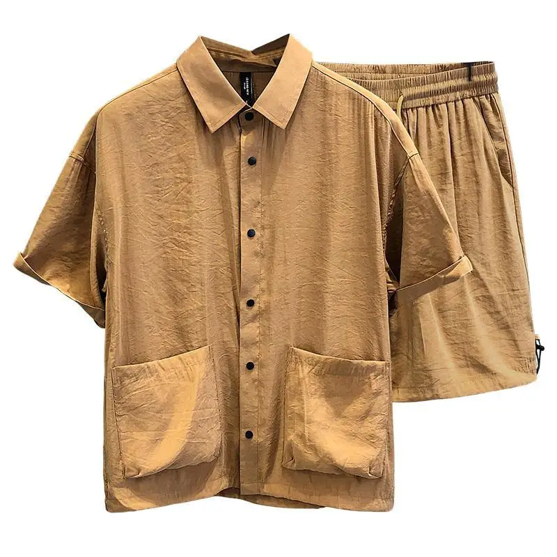 Cooling Ice Silk Men's Summer Activewear Set Plus Size 150kg Lightweight Short Sleeve Shirt Shorts Two Piece