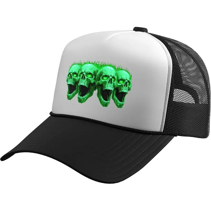 Cool Flaming Skulls Graphic Lime Green Trucker Hat with Adjustable Mesh Back