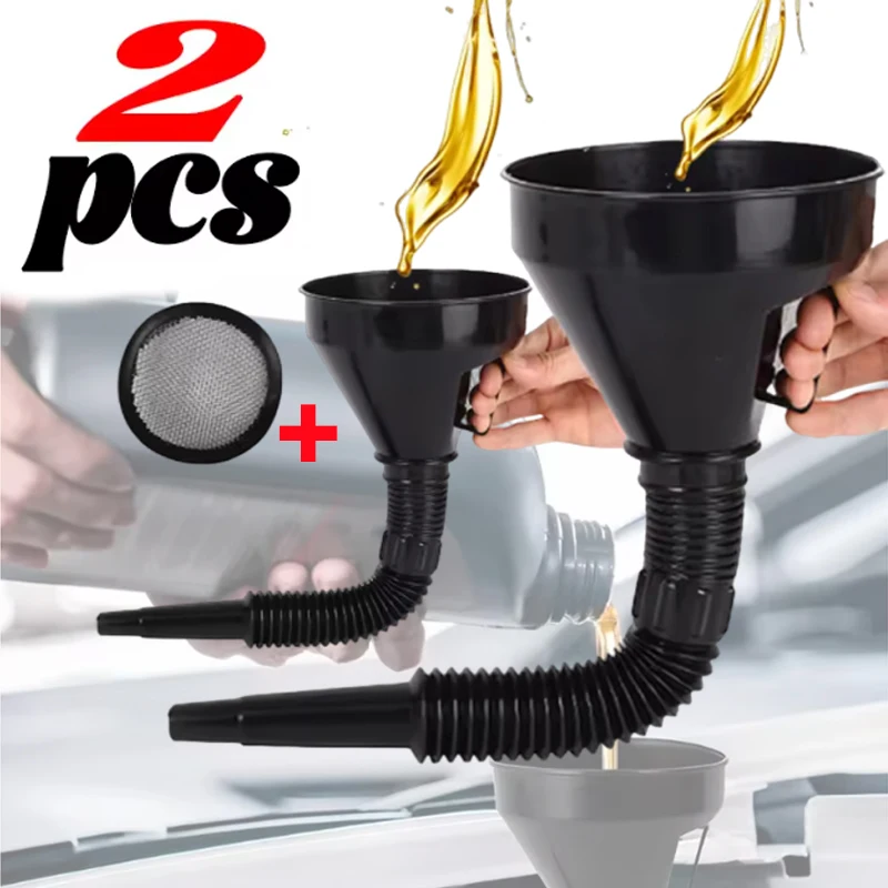 

2PCS Car Petrol Filling Funnel Black Long Handle Detachable Hose With Filter Engine Oil Filling Tool Large Diameter145 AutoParts