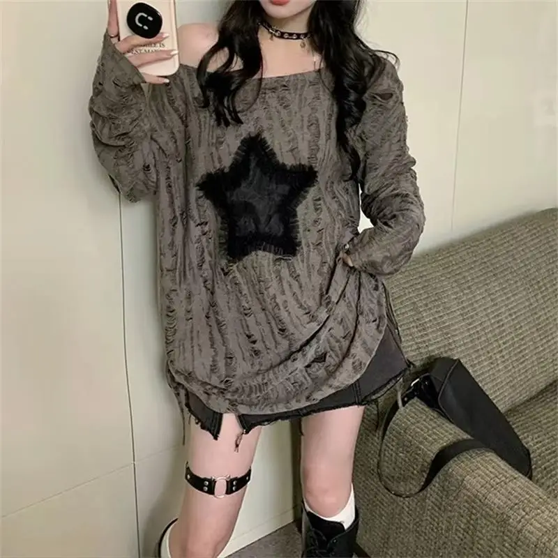 Grunge Hole T-shirt Women Fashion Star Print Y2k Aesthetic Loose Tees Kpop Fairycore Ripped Tshirt Harajuku Gothic Streetwear