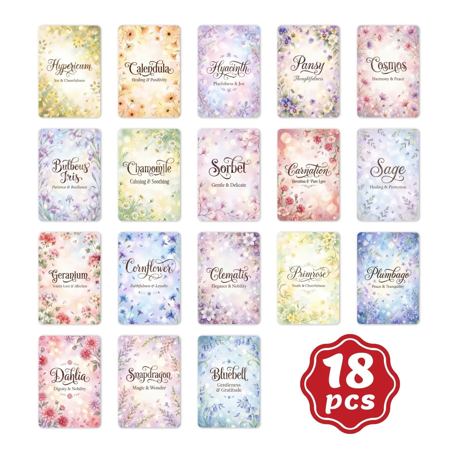 

Floral Language Culture Theme Modern Watercolor Aesthetics Emotion Conveyance Flower Illustration Blessing Card Set of 18 Cards