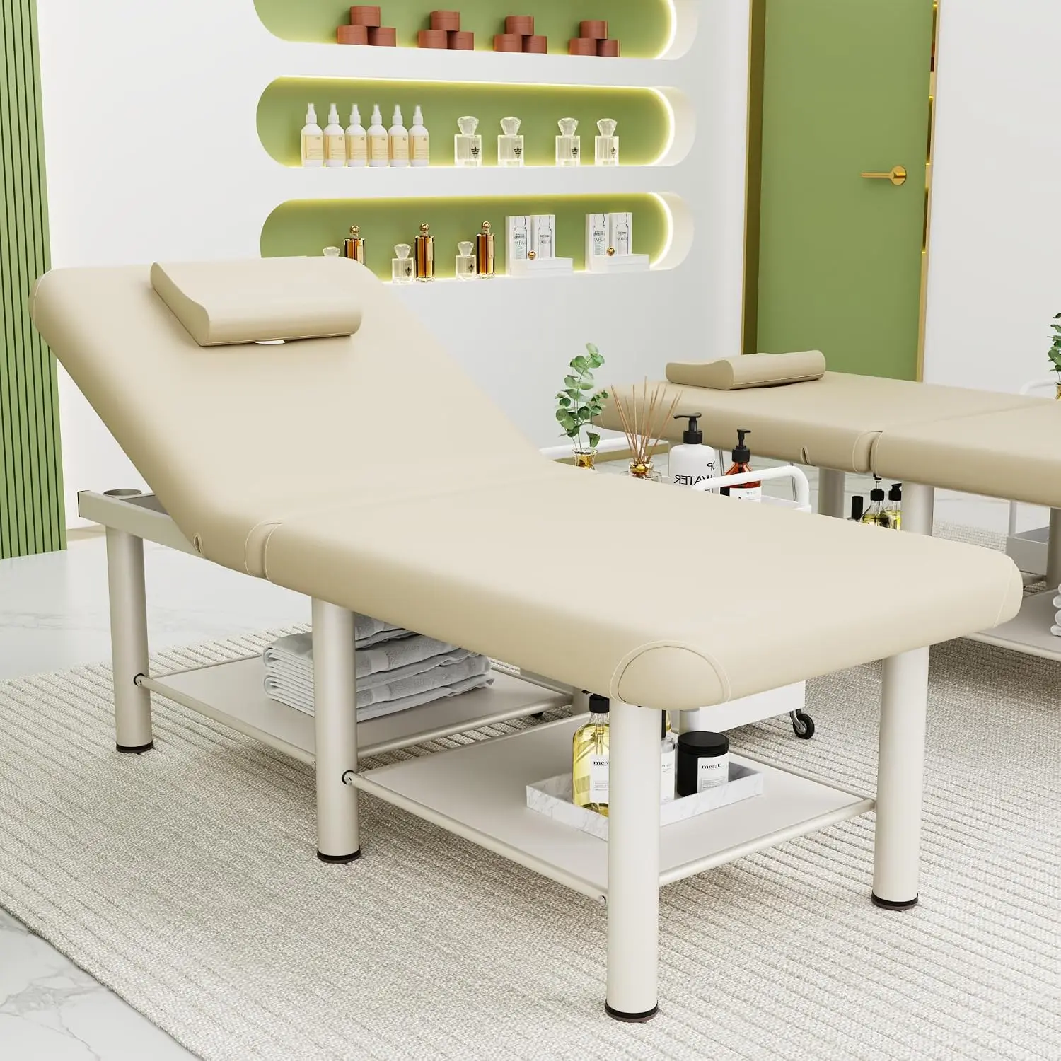 Folding Stationary Massage Table with Backrest and Storage Space, 6 Round Legs Metal Frame PU Leather
