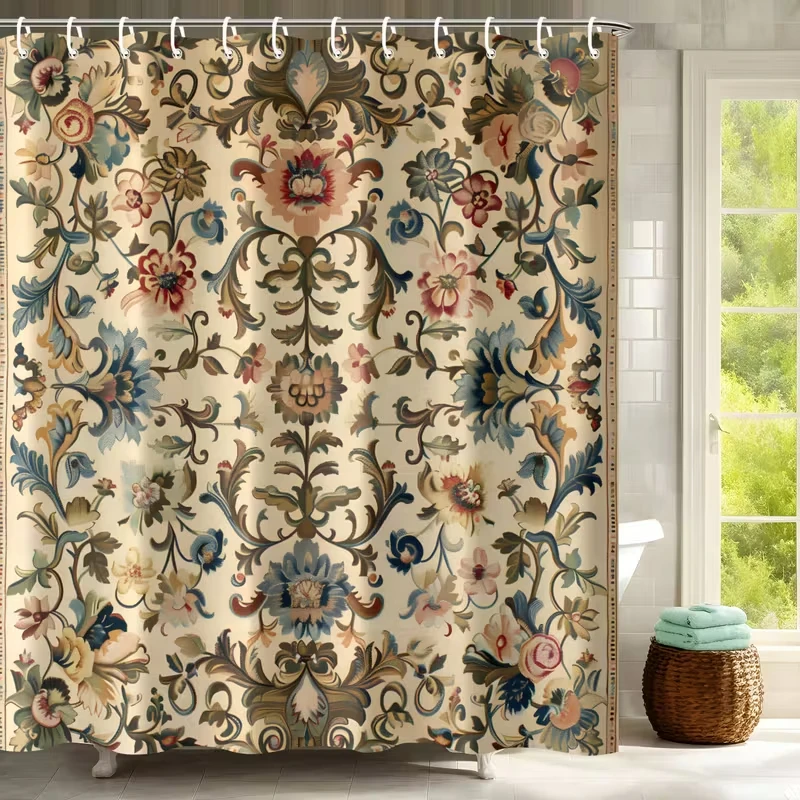 VIKAMA Vintage Ethno Blumen Duschvorhang Wasserdicht Badezimmer Duschvorhang Schlafsaal Vorhang Badezimmer Dekor