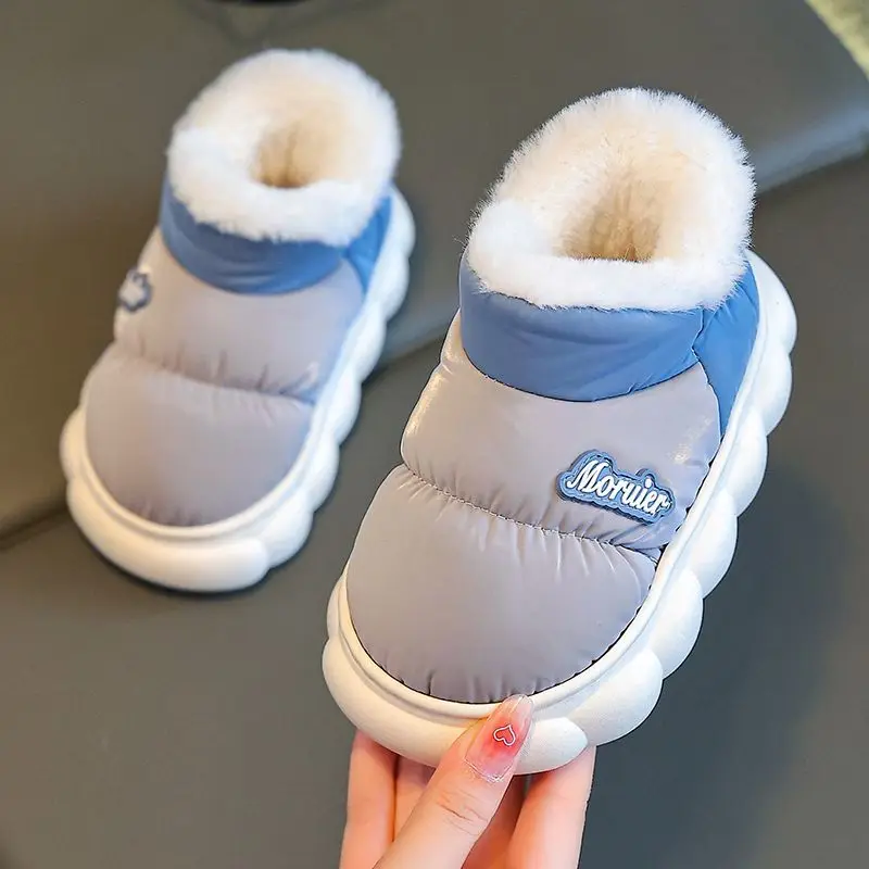 Children’s Winter Waterproof Warm Boots Plush Lined Slip on Shoes with Heel Cover Indoor Outdoor Use for Boys Girls