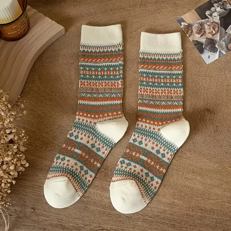 Retro 7-Color Mid-Calf Socks for Women - Ethnic Style, Fashionable Chunky Design for Autumn and Winter