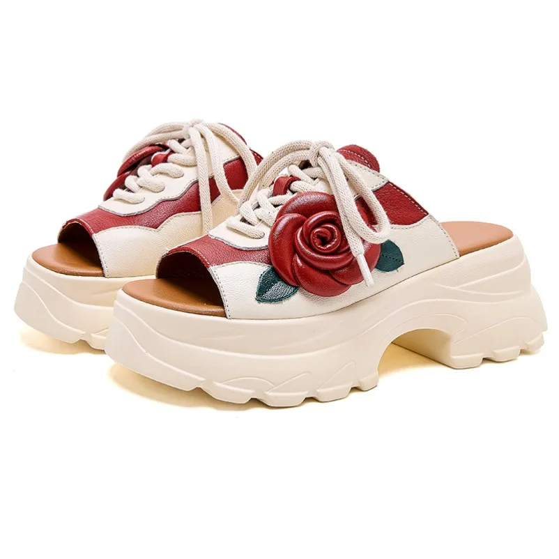 

Fujin 6cm Ethnic Cow Genuine Leather Mary Jane Peep Toe Platform Wedge Flats Slipper Women Ladies Shoes Sandals Summer Round