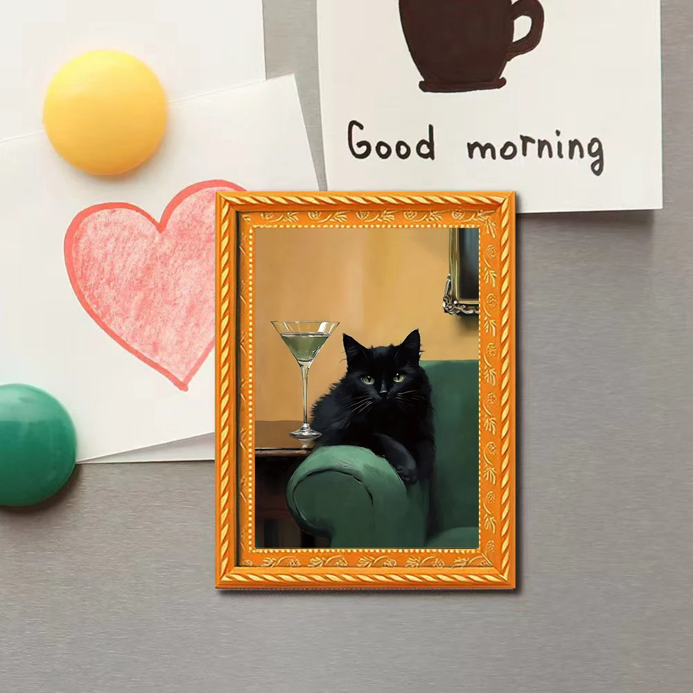1 Piece of Lazy Sofa Cocktail Cup Black Cat Fridge Magnet, Retro Oil Painting Style Cat Magnetic Decoration Sticker, Fun Fridge Magnet for Living Room and Kitchen, Gift for Cat Lovers and Pet Owners