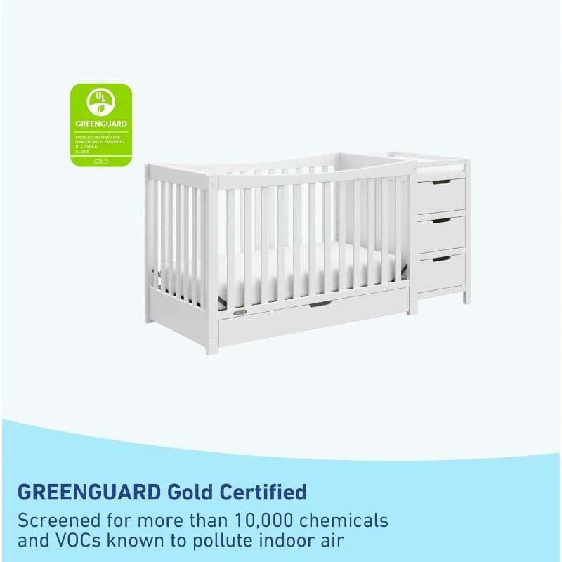 Berço e trocador conversível 4 em 1 com gaveta (expresso) – Certificado GREENGUARD Gold, combinação de berço e mesa para troca