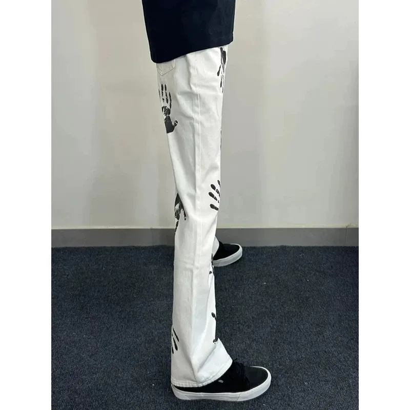 White Palm Print Flared Straight Leg Jeans American Style Casual High Street Hip Hop Long Pants for Teen Boys Cotton Polyeste...