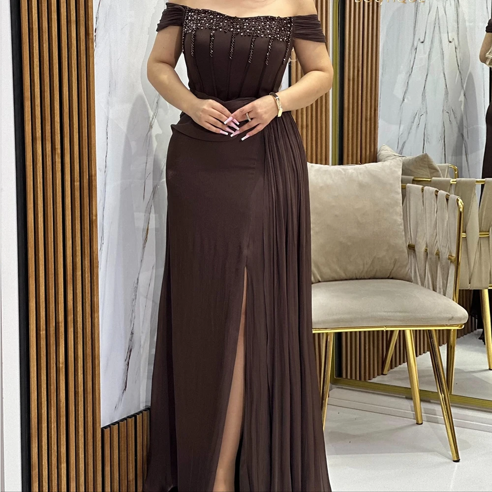 

Customized A-line Evening Dresses Floor-length Off The Shoulder Sleeveless Prom Gown Fsahion Pleat Sequined Backless Party Gown