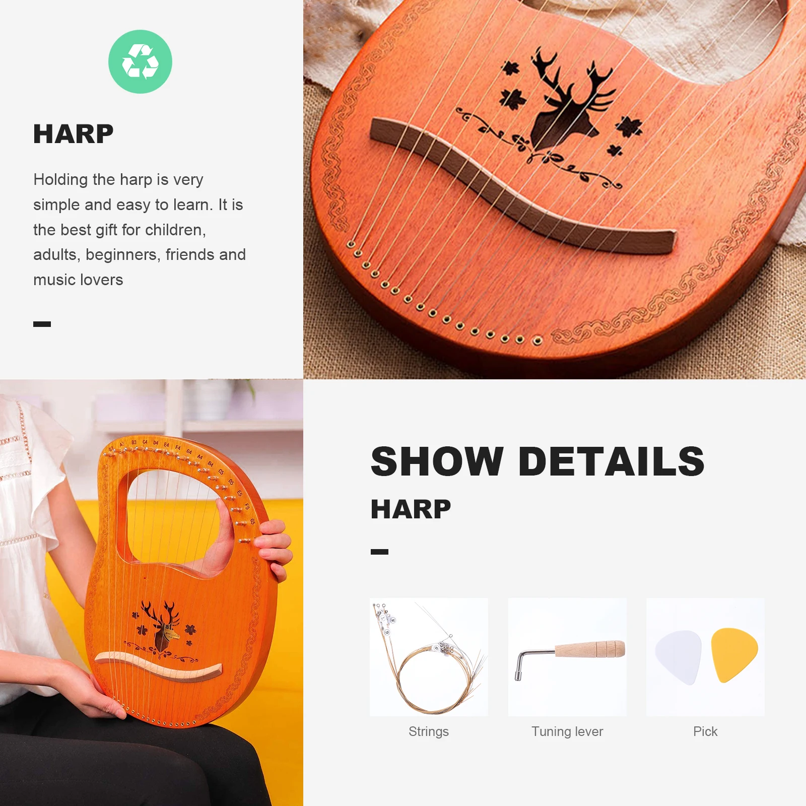 

16 String Harp Solid Wood Build Finish Lyre Style Body String Instrument Creates Rich Sound Perfect for Beginners