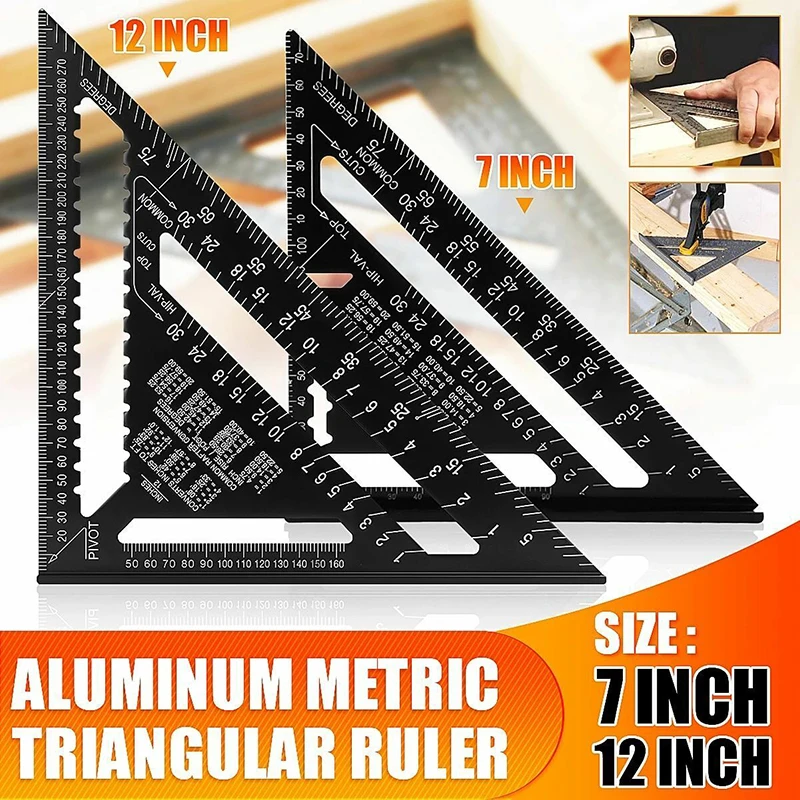 12/7-inch Rafter Square Carpenter Measuring Layout Tool Alloy Metal Triangle Ruler Protractor for Woodworking and Carpentry