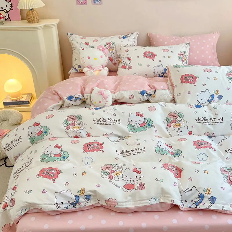 

4Pcs/set Kawaii Anime Cartoon No.2 Hellokitty Bedding Quilt Cover Student Bedding Soft Microfiber Bedspread Lightweight Coverlet