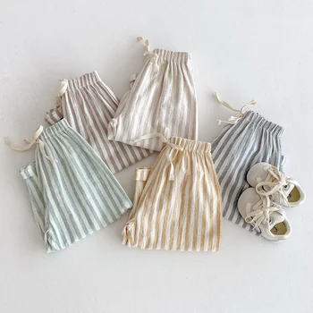 Kids Striped Linen Cotton Harem Pants 6 Spring Summer Boys Striped Loose Pants Baby Girl Vintage Casual Linen Cotton Harlan Pants Kids Lace-up Pant Children Clothing 6