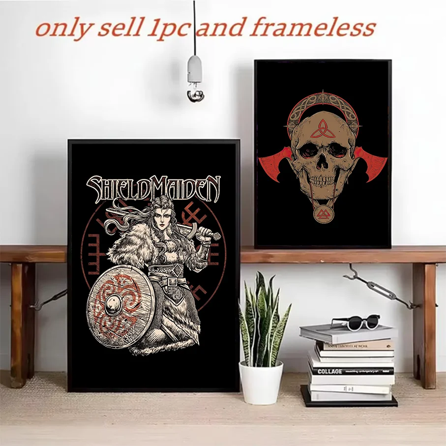 Frameless Canvas Print Viking Shield Maiden Skull Wall Art Dark Gothic Nordic Decor Living Room Poster