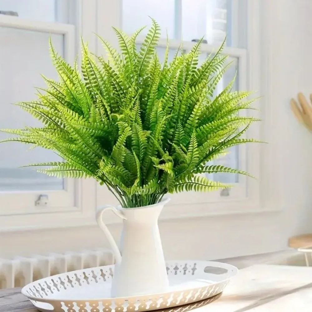 6PCS 7 Branches Artificial Persian Grass Ferns Plastic UV Resistant Fake Flower Plant Realistic Real Touch Faux Ferns Outdoor
