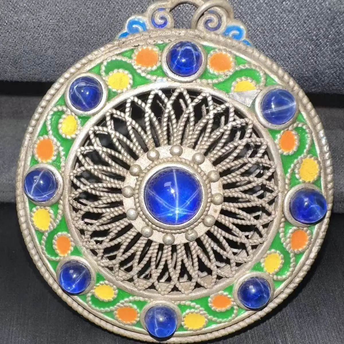 Nepalese handmade old silver court cloisonne baked blue double-sided inlaid alexandrite star gemstone pendant