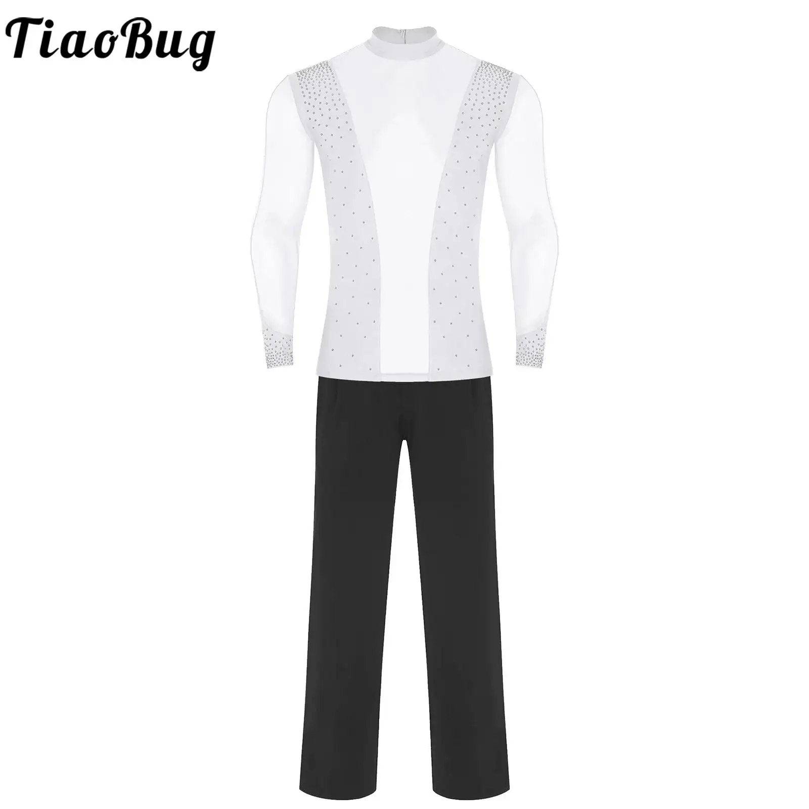 

Men Latin Ballet Dance Outfit Tango Dancewear Sheer Mesh Patchwork Rhinestones Shirt and Pants Sets for Rumba Tango Modern Dance