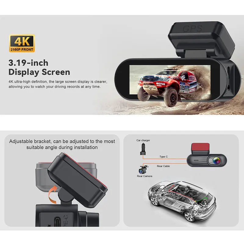 4K Dual Lens Dash Cam 3.19 Inch IPS Screen Built GPS WiFi 170 Degree Wide Angle Night Vision Loop Recording G-sensor App Control