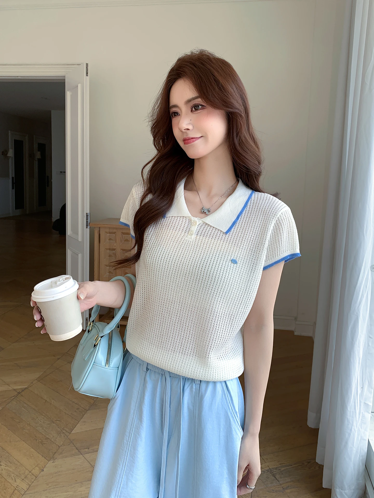 

Summer Ice Silk Neck Short Sleeve Knitted Top Women's Thin Breathable Slimming Commute Hollow out White Hollow out Women