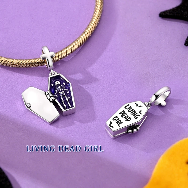 

925 Sterling Silver Charm Openable Coffin Cross Skeleton Helloween Pendant Fit Bracelet Diy for Man Woman Jewelry Gift