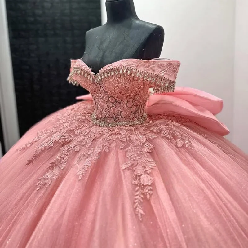 

Pink Quinceanera Dress off-shoulder glitter flower Decal Lace layering Long tail Bow Vestidos De 15 Quinceanera ﻿Customize