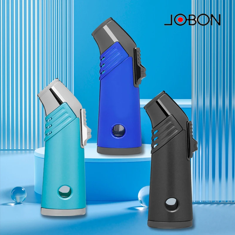 JOBON-Windproof Three Blue Flame Inflatable Lighter, Visible Gas Compartment, Cigar Torch