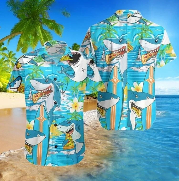 Summer Shark Hawaiian Shirt Unisex Summer Beach Shirt Shark Short Sleeved Button Up Shirt Tropical Beach Party Top
