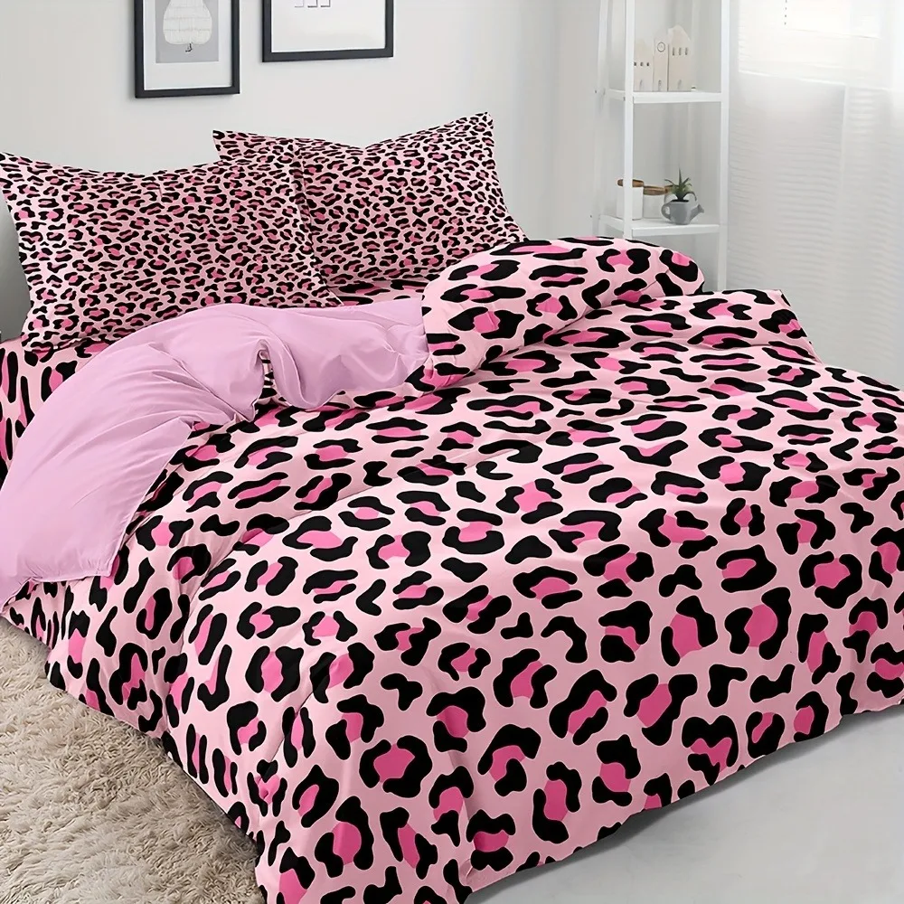 3Pcs Pink Leopard Print Duvet Cover Set Soft Microfiber Bed Sheet Set Zipper Bedding Cover No Filler No Pillow Inner