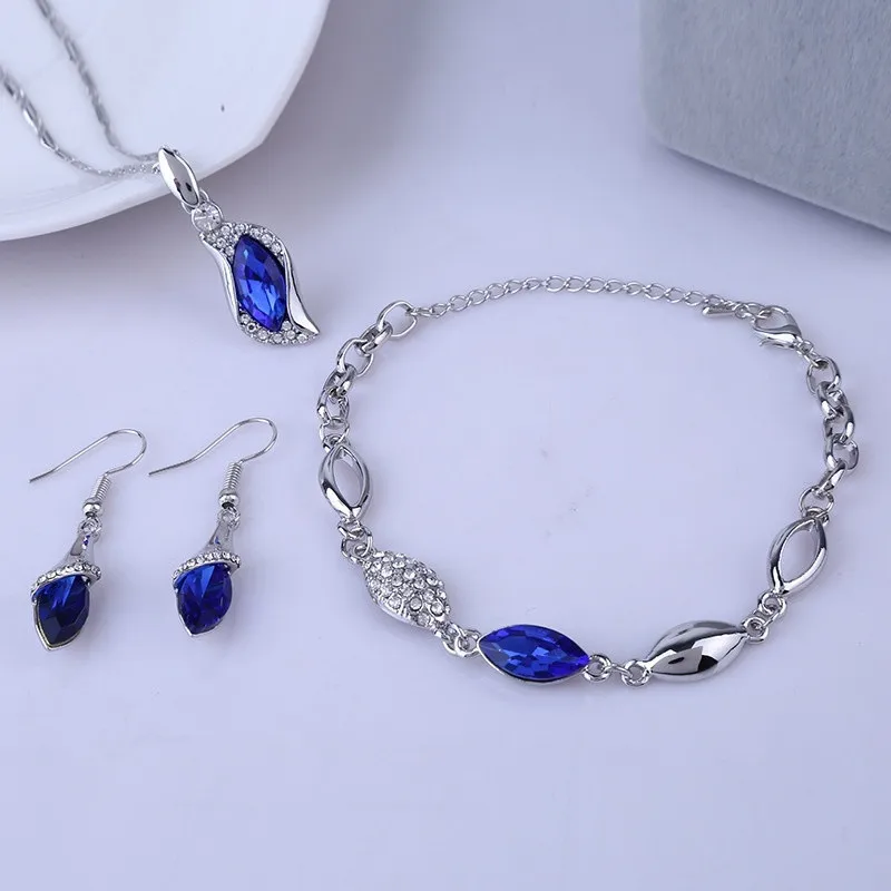 New Luxury 925 Sterling Silver Crystal Jewelry Set For Women Pendant Necklace Earrings Bracelet Set Fashion Jewelry