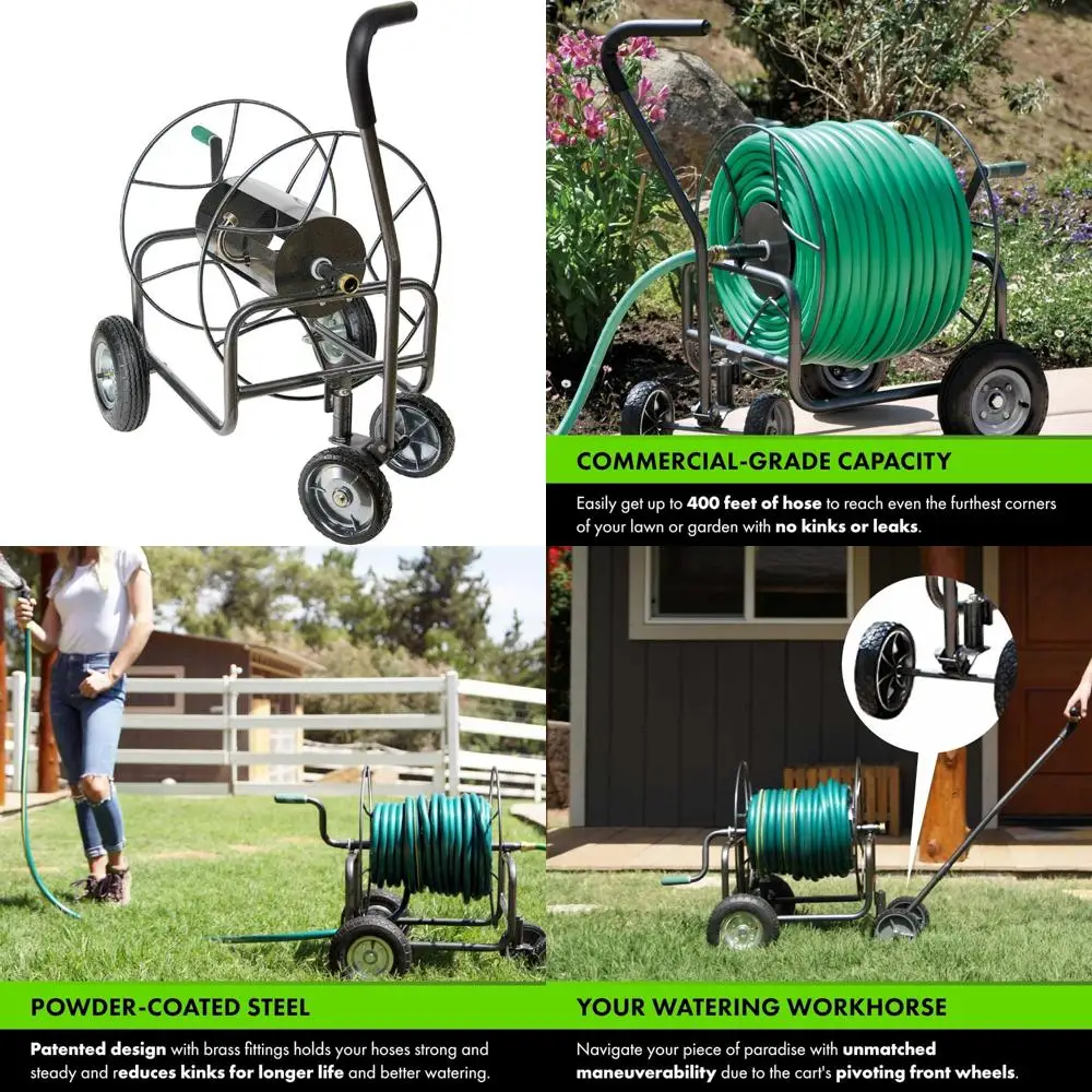 

Heavy-Duty Metal Hose Reel Cart with Wheels for 400ft Garden and Outdoor Use
