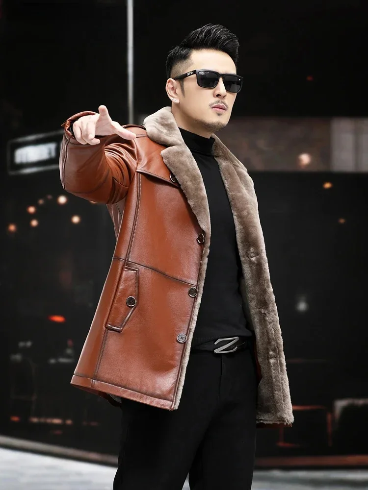 Winter Genuine Leather Jacket Men Fur One Integrated Thick Original Ecological Wool Liner Coat Warm Natural Sheepskin