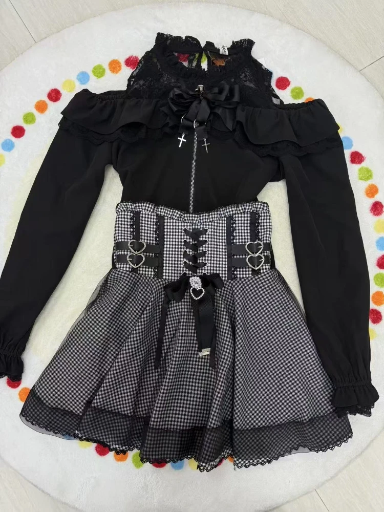 Süße elegante Kawaii schlanke schulterfreie Anzug Damen japanische schöne Spitze neue schwarze kurze Rock Anzug Mode Vintage Lolita Set