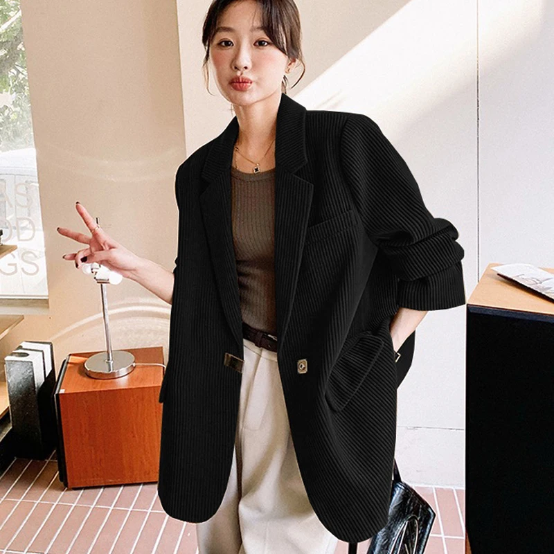 YZJNH 2025 autumn new back slit corduroy suit jacket for women, Korean loose casual suit for women