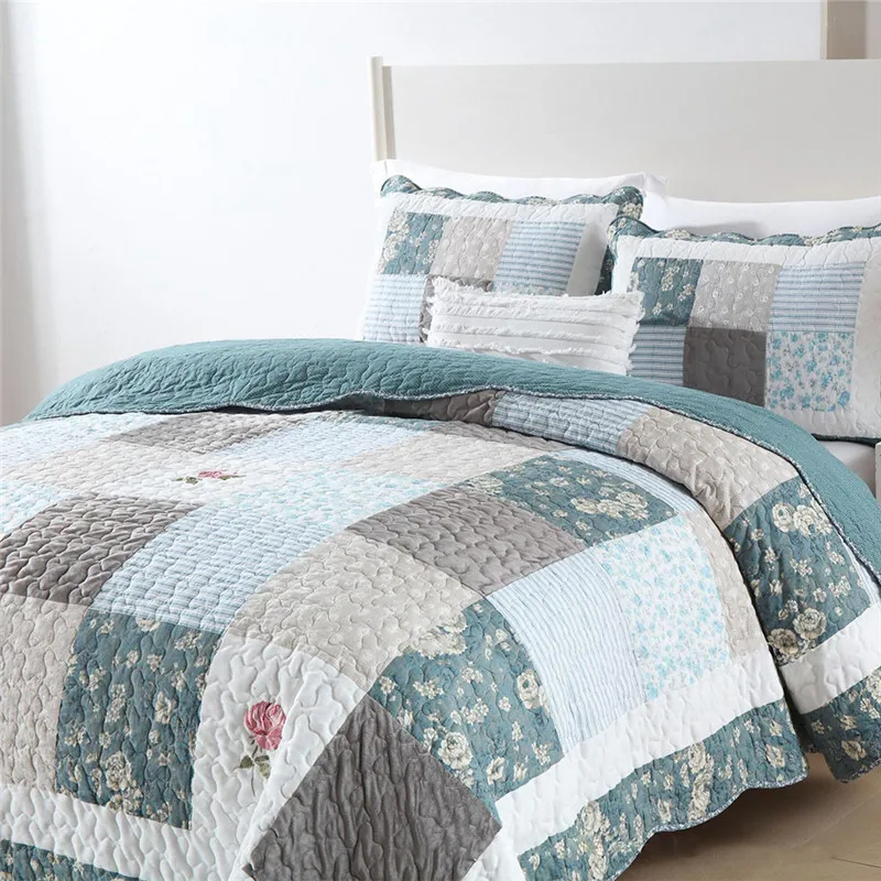 Plaid Cotton Quilt Set 3pcs Bedspread on the Bed Pastoral Patchwork Coverlet Queen Size Blanket in Bedroom Quilted Bed Cover Set