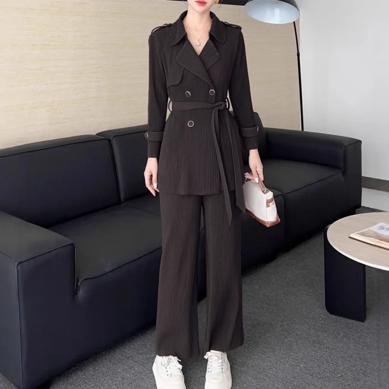 WHTREND Color sólido traje cuello manga larga corbata abrigo + Pantalones rectos de cintura alta conjunto de dos piezas otoño primavera nuevo