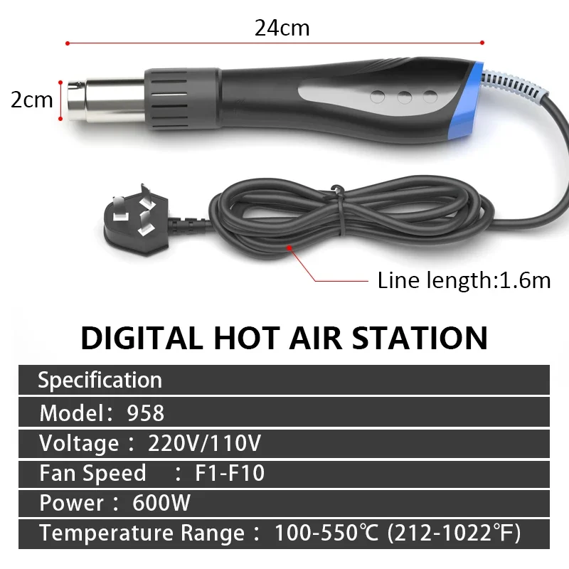 Heat Gun 600W Portable Hot Air Gun Variable Temperature Cooling Window LCD Display Ceramic Heating Thermal Blower With 7 Nozzles