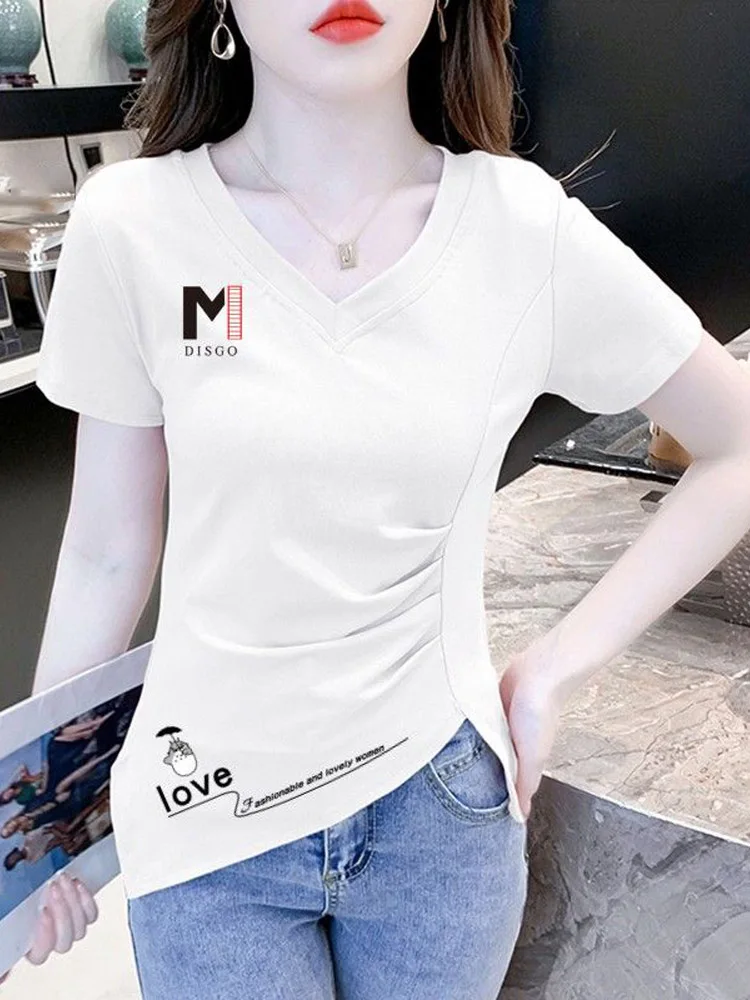 T-shirt V-Ne ort Sve in puro cotone da donna Summer Slim Fit Faionable Top Design Sense Irregolare Creative Sle