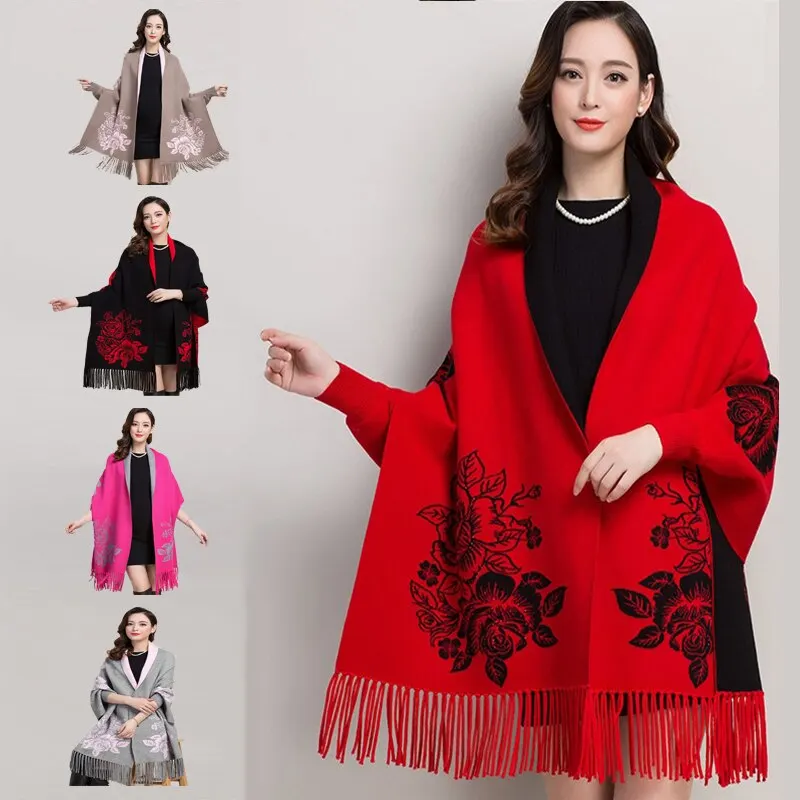 Sleeve Cape Shawl Imitation Cashmere Scarf Dual-Use Thick Autumn And Winter Women's Double-Sided Peony Flower Coat To Keep Warm