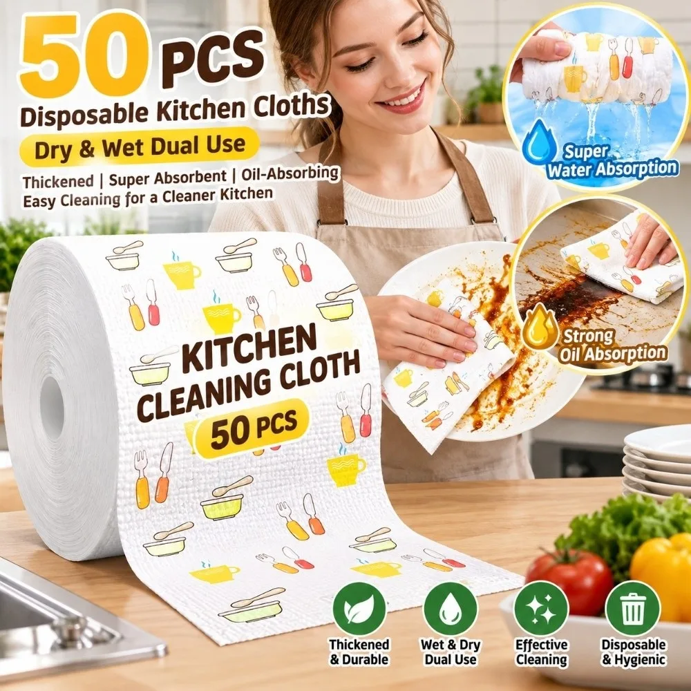 50pcs Disposable Kitchen Paper Towels Washable Printed Disposable Dishcloth Pearl Embossed Cleaning Cloths Non Woven Lazy Rag