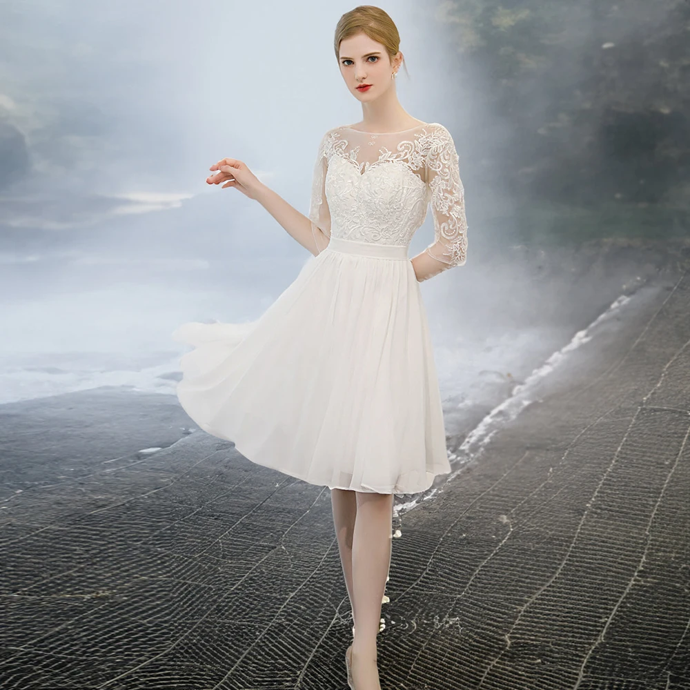 

Classic A-line Short Wedding Dresses Applique Jewel Knee Length Bridal Growns Half Sleeves Satin Flower O Neck Vestidos De Novia