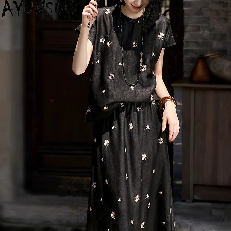 AYUNSUE Xiangyunsha Silk Women's Matching Sets Chinese Style Tops for Woman Long Black Skirt Woman Clothes Summer Ropa Mujer